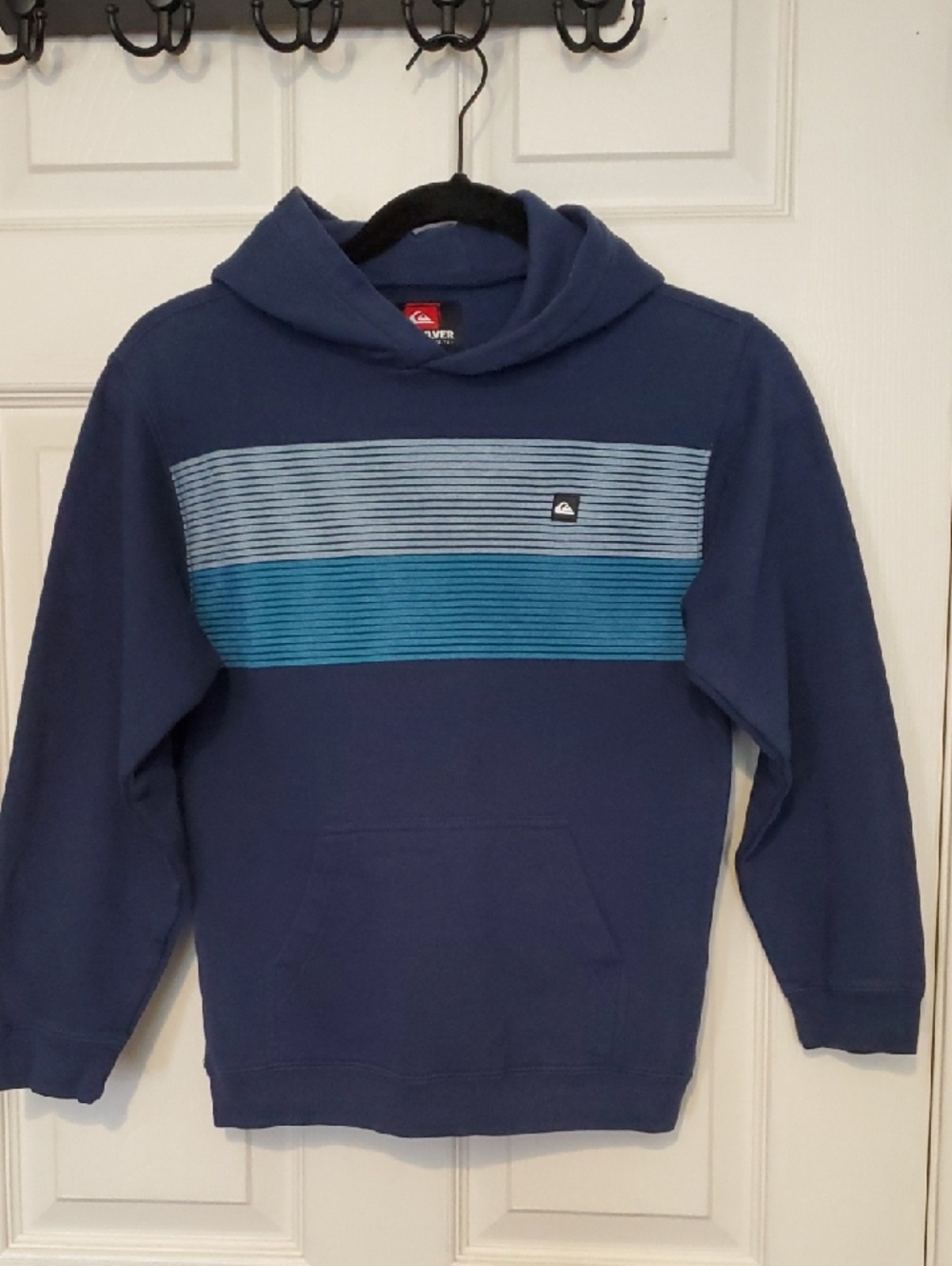 Quiksilver Boys Navy Hoodie with Light Blue and Teal Chest Stripes